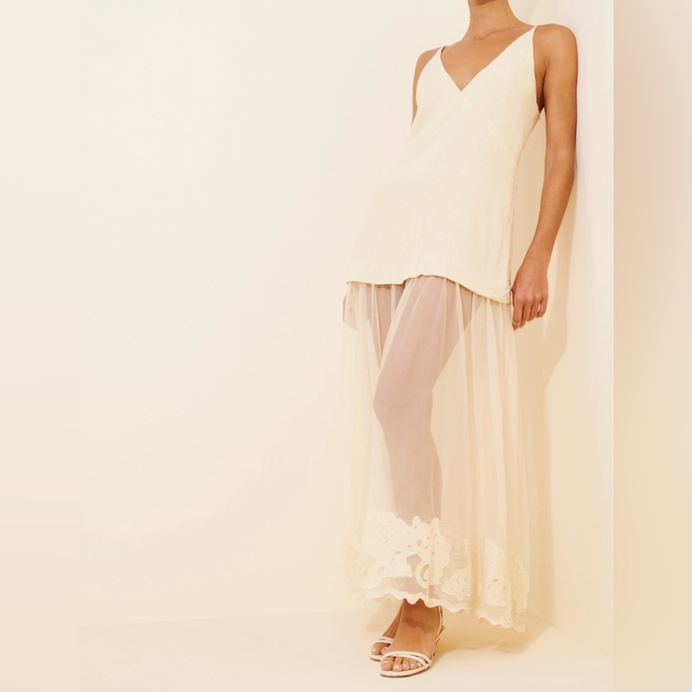 Anthropologie Cream Sheer Maxi Dress with Lace Hem